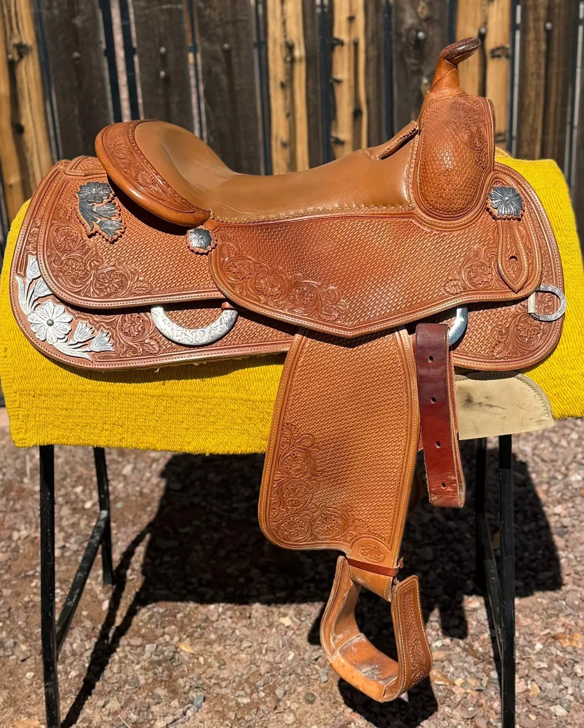 Bob's Custom Saddle — 16 Seat Basketweave Floral Sterling Silver Conchos — $5,995